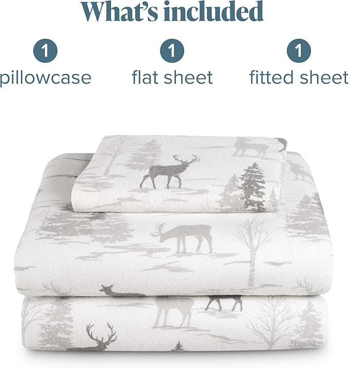 Bare Home Flannel Sheet Set Prints, 100% Cotton, Velvety Soft Heavyweight - Double Brushed Flannel for Extra Softness & Comfort - Deep Pocket - Bed Sheets (Twin XL, Elk)