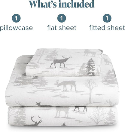 Bare Home Flannel Sheet Set Prints, 100% Cotton, Velvety Soft Heavyweight - Double Brushed Flannel for Extra Softness & Comfort - Deep Pocket - Bed Sheets (Twin XL, Elk)
