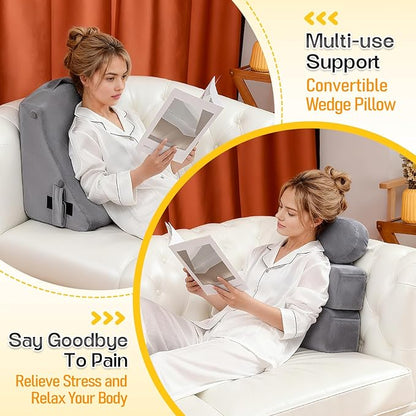 MOON PINE Reading Pillow for Adults, Memory Foam Backrest with Detachable Arms - Bed Pillow for Sitting Up, Built-in Cup Holder & Phone Pocket (Gray, 21 inch)