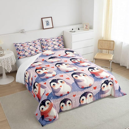 Cute Penguin Comforter Set Full Size for Kids Geometric Love Heart Bedding Sets All Season Kawaii Wildlife Animal Quilt Set Bedroom Decor Cartoon Penguins Down Comforter,3Pcs