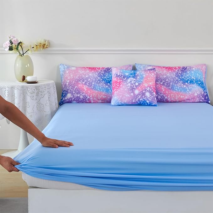 RYNGHIPY 6Pcs Girls Bedding Set Queen Size Colorful Rainbow Comforter Set for Kids Teens Girls Glitter Bedding Set Lightweight Fluffy