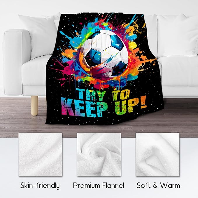 Soccer Gifts for Boys, Soccer Blanket Gift for Sport Lovers, Flannel Throw Blankets for Kids Girls Teens, Sports Decorations for Room Team Player (Colorful, 50x60 Inch)