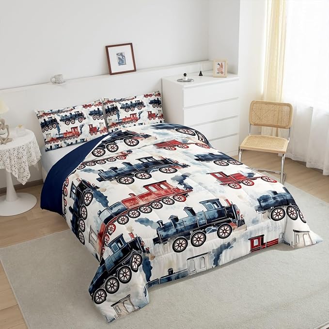 Vintage Steam Train Kids Comforter Set - Locomotive Print Retro Car King Bedding Sets - Cartoon Railway Vehicles Bed Set Colorful Steam Engine Train Duvet Insert Gifts For Kids Boys Home Decor