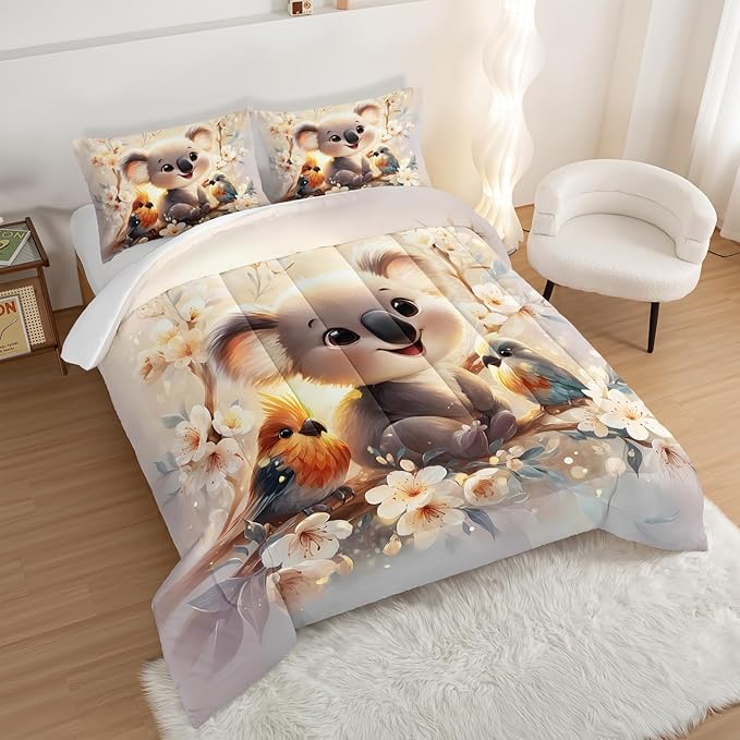 Kawaii Koala Bedding Set,Cartoon Koala Parrot Floral Pattern Twin Size Bed Set for Kids Girls Boys Room Decor,Cute Beddings with 2 Pillowcases.