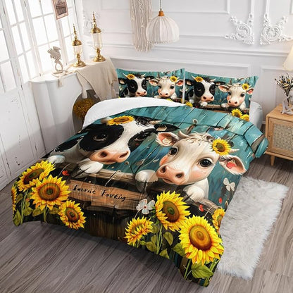 Cute Cow Print Comforter Set Twin Size Sunflower Highland Cow Bedding Set Farm Animals Cow on Fence Quilt Bed Set with 1 Comforter and 2 Pillowcases for Kids Boys Girls Room Decor, D-cow2