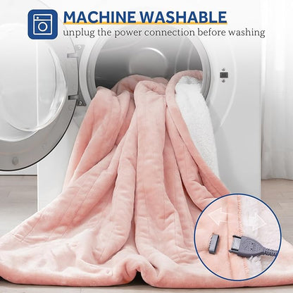 Sealy Heated Throw Blanket, Flannel & Sherpa Electric Throw with 6 Heat Setting & 2-10 Hours Auto Shut Off, Fast Heating & Machine Washable, 50x60 Inch, Pink