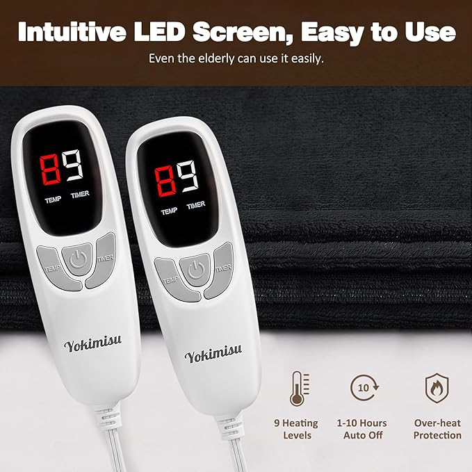 Electric Blanket King with Dual Control-100x90 Soft Double-Sided Flannel Heating Blanket, 9 Heat Levels & 10 Hours Timer Heated Throw, Machine Washable, Gift for Mom Dad - Black