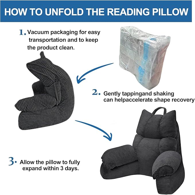 RRPAHWTV Reading Pillow for Bed with High Arm Rests ,Back Support Pillow for Sitting Up in Bed with Shredded Memory Foam for Reading, TV, Gaming or Relaxing on Floor（Grey Black, Large）