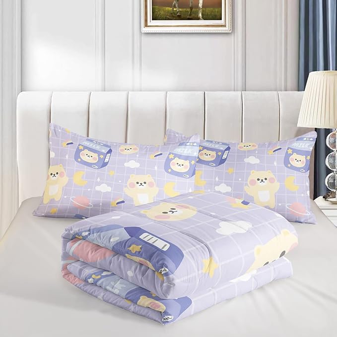 QOOMO Kawaii Bear Comforter Queen Size,Cartoon Bear Bedding Set for Kids Teens Girls,3Pcs Bedding Set Printed Comforter with 2 Pillowcases,Down Alternative,Soft and Lightweight，Queen Size