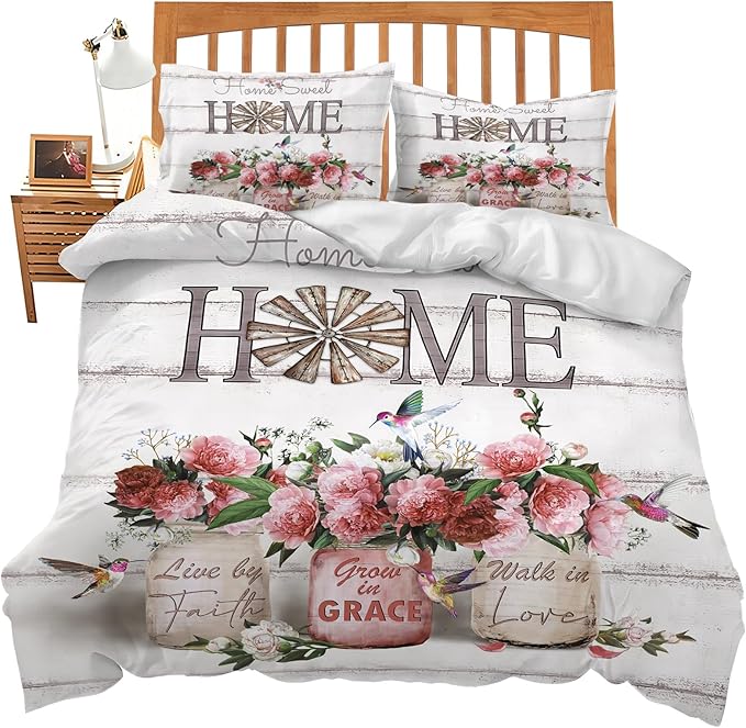 Rose Flower Theme 3 Pieces Duvet Cover Comforter Set with 2 Pillowcase King Size Pink Peony Floral Bed Sheet Quilt Bedroom Bedding for Lover Kids