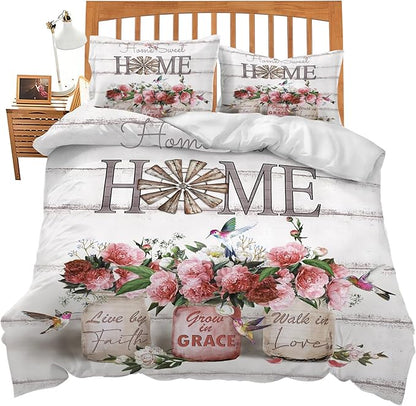 Rose Flower Theme 3 Pieces Duvet Cover Comforter Set with 2 Pillowcase Full Size Pink Peony Floral Bed Sheet Quilt Bedroom Bedding for Lover Kids
