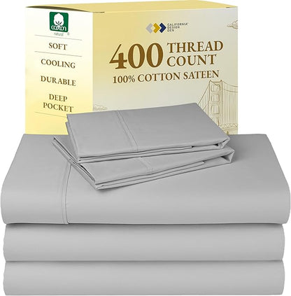 California Design Den Split King Sheets for Adjustable Bed, Natural 100% Cotton Sheets, 400 Thread Count Sateen, Deep Pockets with All Around Elastic for a Snug Fit, Durable Bedding Set - Light Grey