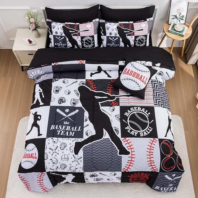 A Nice Night Sports Geometric Grid Black Patchwork Baseball Printed for Boys Full 6Pcs Bed in A Bag Comforter Bedding Set,Black