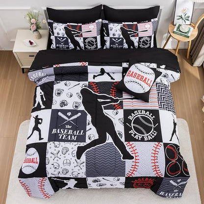 A Nice Night Sports Geometric Grid Black Patchwork Baseball Printed for Boys Full 6Pcs Bed in A Bag Comforter Bedding Set,Black