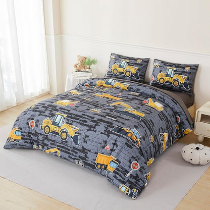 RYNGHIPY Construction Truck Bedding Set Excavator Tractor Bed Set for Boys Bedroom Kids Comforter Sets with 1 Comforter 2 Pillowcases (Black-Grey,Twin)