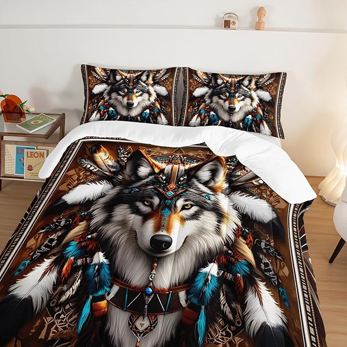 HOSIMA Wolf Twin Comforter Set,Tribe Decoration Print Animal Bedding for Teens Boys Room Decor,Lightweight Fluffy Dreamcatcher Feather Pattern Wolf Bedding Set for Kids with 2 Pillowcases.