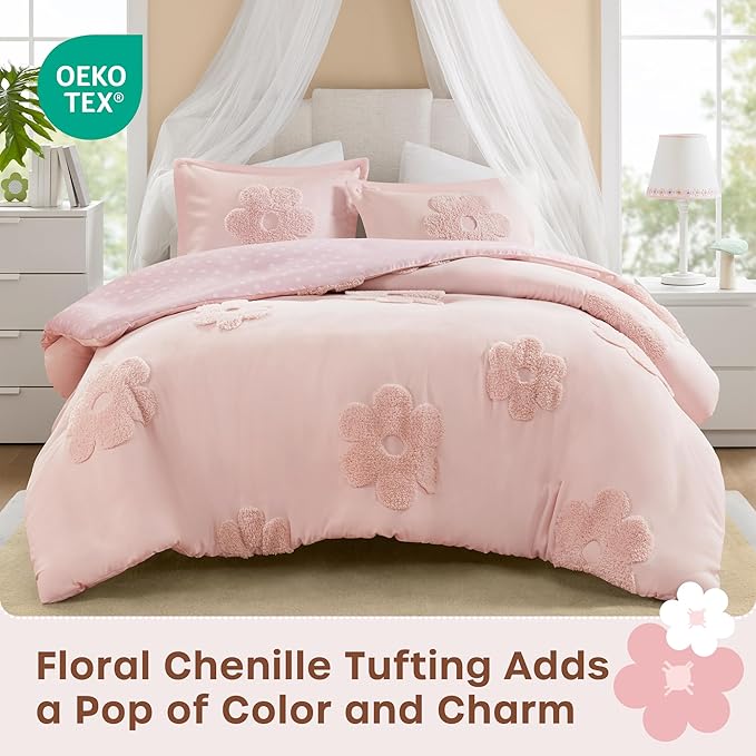 Intelligent Design Kids Queen Duvet Cover Set for Girls, Tufted Chenille Floral Duvet Set Queen, Lightweight Polka Dot Duvet Reversible Bedding Cover, Sham, Pillow, Gracie, Full/Queen Pink 3 Piece