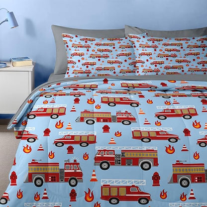 Nesker 5 Pcs Comforter Set Twin Size, Red Fire Engine Bedding for Kids Teen, Fire-Fighting Trucks Vehicle Bed Sheet with Pillowcase & Sham