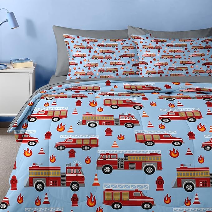Nesker 7 Pcs Comforter Set Queen Size, Red Fire Engine Bedding for Kids Teen, Fire-Fighting Trucks Vehicle with Fitted Sheet 2 Pillowcases & 2 Shams for Bedroom Bed Decor