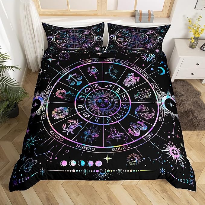 Sun and Moon Duvet Cover Set Queen Size,Starry Galaxy Zodiac Constellation Bedding Set 3Pcs for Kids Boys Girls Room Decor,Neon Blue Purple Comforter Cover Hippie Boho Quilt Cover,2 Pillowcases