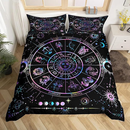 Sun and Moon Bedding Set Full Size,Starry Galaxy Zodiac Constellation Duvet Cover Set 3Pcs for Kids Boys Girls Room Decor,Neon Blue Purple Comforter Cover Hippie Boho Quilt Cover,2 Pillowcases