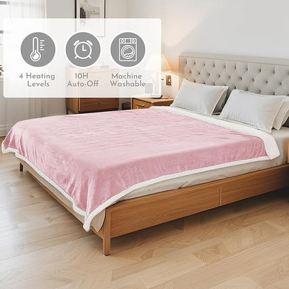 Electric Heated Blanket 84"x90" Queen Size Flannel Heated Blanket, Cozy & Warm for All Night, 4 Heat Settings & 10 Hours Auto Off, Machine Washable-Light Pink