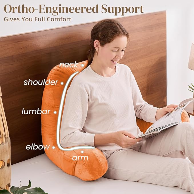 Sasttie Reading Pillow for Bed - 23 Inch, Back Pillow for Bed Sitting Up, Back-Rest Support Cushion with Side Pockets and Arms, Dorm Essentials, Oeko-Tex Certified, Orange