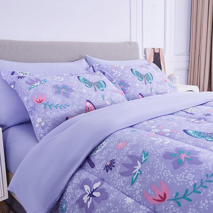 Mooreeke Kids Full Comforter Sets for Girls 8 Pieces Butterfly Purple Bedding Set for Teens Soft Microfiber Kids Bed in A Bag with Comforter, Sheet Set, Shams and Decorative Toy Pillow All Season