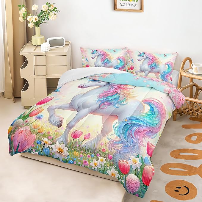 Pink Unicorn Comforter Set Twin Size, 3 Pieces Superior Kids Flower Butterfly Bedding Set for Teen Girls and Kids Toddler, Cute Unicorn for Room Decor 3Pcs, 1 Comforter and 2 Pillowcase