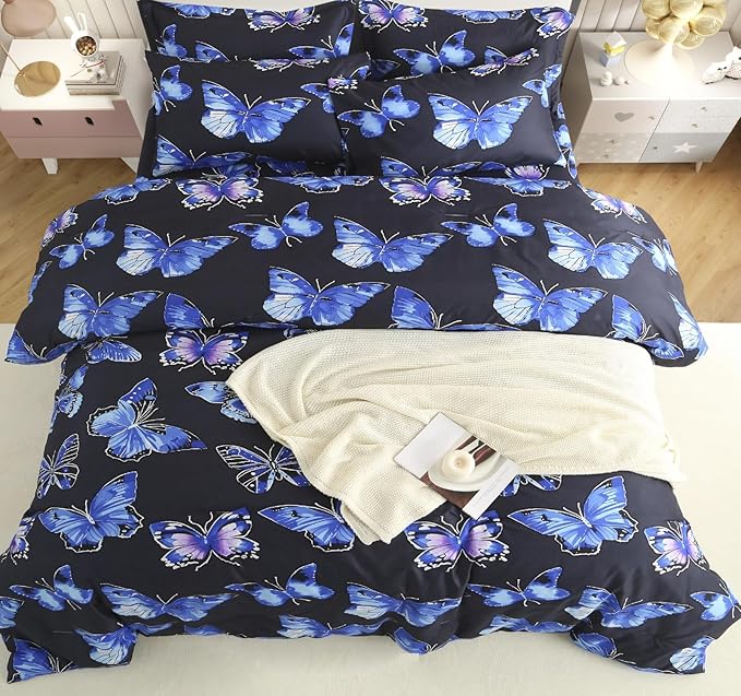 SDY 7PCS Butterfly Bedding Set Queen Butterfly Comforter Set and Bed Sheets Bed in A Bag for Toddler,Girls Boys and Kids, with 1Comforter, 1FlatSheet, 1Fitted Sheet,Pillowcases & Shams