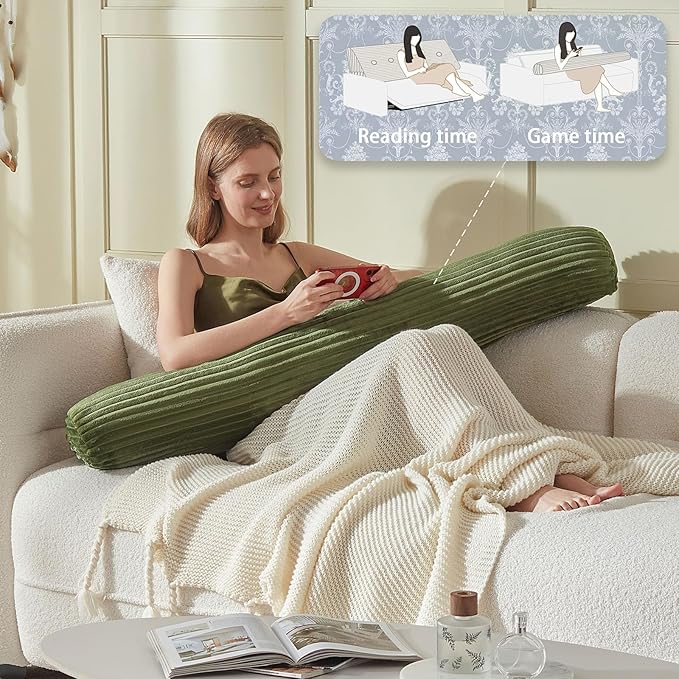 Headboard Wedge Pillow + A Long Neck Roll Pillow Body Pillow，Large Headboard Pillow with Removable Cover (Green, Twin：39x8x20 inches)