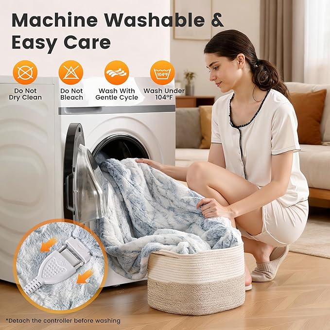 WOOMER Heated Blanket King Size 100" x 90", Electric Blanket with Dual Controllers, 0.5-12 Hours Timer & 10 Heating Levels, ETL Certified, Marble Blue Double-Sided Faux Fur, Machine Washable