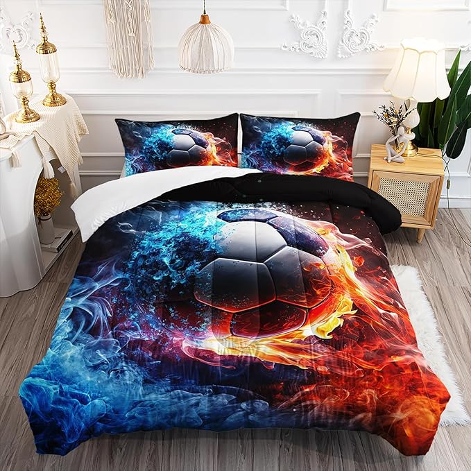 Soccer Print Themed Comforter 3Pcs Twin Gaming Sport Soccer Bedding Set for Kid Teen Girl Boy Adult Balls Sports Games Ice and Fire Football Quilt Room Decor with 1 Comforter and 2 Pillowcases