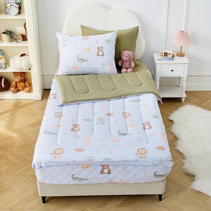 Bestier Twin Size 4Pcs Kids Comforter Sets, Zipper Bedding Set for Boys, Kids Bedding Set Cartoon Comforter for Kid, Zipper Bedding Certified - OEKO-TEX100, (Light Blue, Twin, 39"x75")