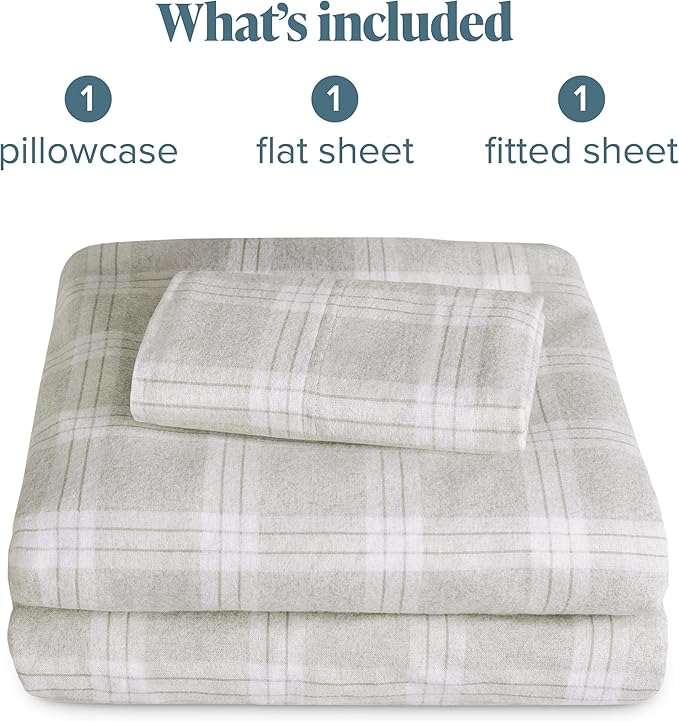 Bare Home Cotton Flannel Sheet Set Prints, 100% Cotton, Velvety Soft Heavyweight - Double Brushed for Softness & Comfort - Deep Pocket - Bed Sheet (Twin, Checkered Plaid - Light Grey)