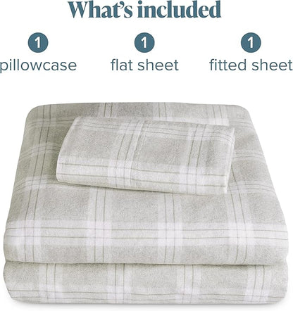 Bare Home Cotton Flannel Sheet Set Prints, 100% Cotton, Velvety Soft Heavyweight - Double Brushed for Softness & Comfort - Deep Pocket - Bed Sheet (Twin XL, Checkered Plaid - Light Grey)