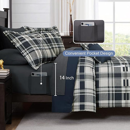 MaiRêve Full Size Comforter Set Navy Blue, Plaid Design Comforter Set 7 Pieces, All Season Comfortable Bedding Sets Full, Lightweight, Soft and Warm (Navy Blue, Full)