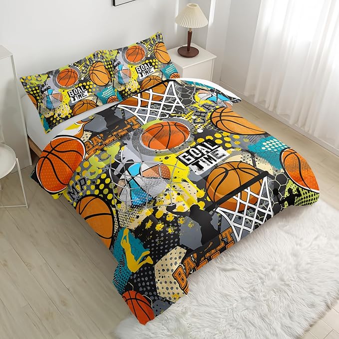 Basketball Bedding Set Full Size for Kids Teens and Adults Vibrant Basketball Game Printed Comforter Set for Bedroom Soft Microfiber Print Quilt Set with 1 Comforter and 2 Pillowcases