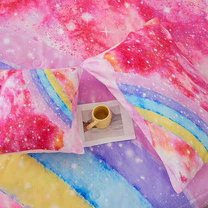 ANGIYUIN 6 Pieces Rainbow Queen Size Bed in A Bag for Girls/Kids/Teens, Colorful Sparkle Tie Dye Girls Comforter Set, Soft Sparkle Glitter Galaxy Bed Sets for All Season