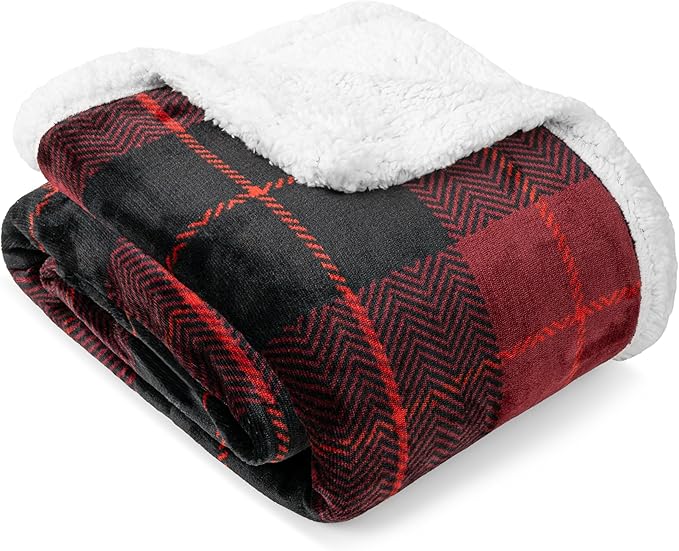PAVILIA Red Plaid Sherpa Throw Blanket for Couch, Plush Flannel Fleece, Soft Fuzzy Cabin for Sofa Bed, Warm Cozy Winter Gift, 50x60