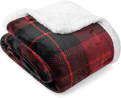 PAVILIA Red Plaid Sherpa Throw Blanket for Couch, Plush Flannel Fleece, Soft Fuzzy Cabin for Sofa Bed, Warm Cozy Winter Gift, 50x60