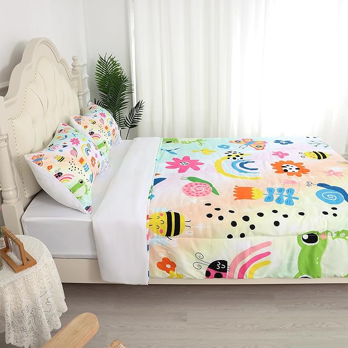 Rainbow Comforter Sets Full Size Cartoon Frogs Bedding Sets for Girls Kids Teens Boys Flowers Butterfly Bees Snails Insects Cute Kawaii Quilt 1 Comforter + 2 Pillow Cases