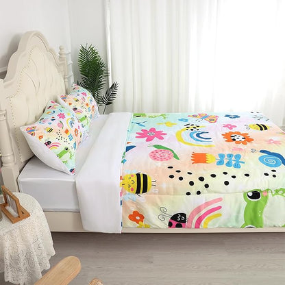 Rainbow Comforter Set Queen Size Cartoon Frogs Bedding Sets for Girls Kids Women Boys Flowers Butterfly Bees Snails Insects Cute Kawaii Quilt 1 Comforter + 2 Pillow Cases