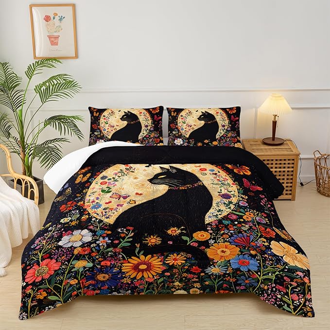 Black Cat Bedding Cartoon Cat Comforter Set Full，Floral Bedding Full Size Bed ，with 1 Comforter with 2 Pillow Case
