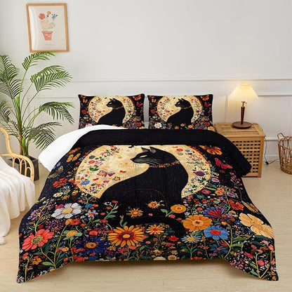 Black Cat Bedding Cartoon Cat Comforter Set Queen，Floral Bedding Queen Size Bed ，with 1 Comforter with 2 Pillow Case