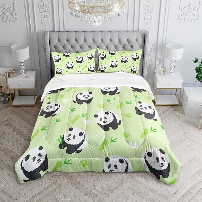Kawaii Cartoon Black White Panda 3Pcs Bedding Animal Themed Comforter Full Bamboo Heart Pattern Bedding Set for Kid Teen Girl Boy Bed Decor Green Paw Quilt with 1 Comforter and 2 Pillowcases