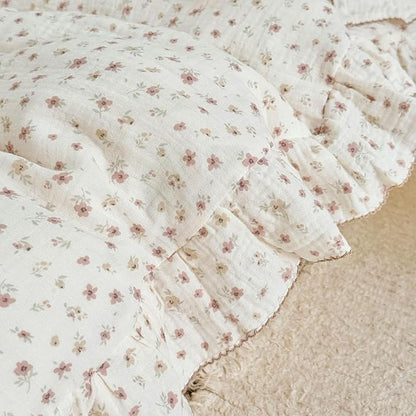 BuLuTu Elegant Pink Floral Ruffled Duvet Cover Full for Kids Teens Adults, 100% Muslin Cotton Comforter Cover with Pillow Cases, Soft Breathable Quilt Cover, Zipper Closure and 4 Corner Ties