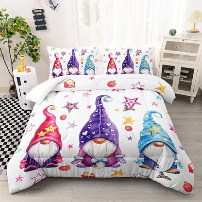 Christmas Kawaii Gnome Bedding Set for Kids Boys Girls, Rainbow Stars Pattern Xmas Santa Dwarf Comforter Set Full Size, Colorful Quilt for Christmas Decorations