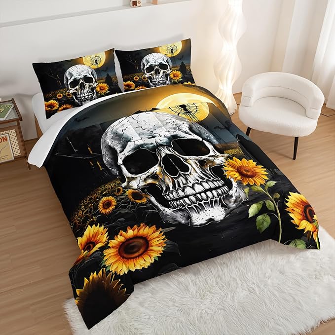 Skull Comforter Set for Gothic Decor Bedroom,Sunflower Floral Bat Print Bedding Queen Size Comforter Set for Kids Boys Girls,Dark Night Halloween Horror Bedding Set with 2 Pillowcases.
