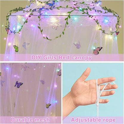 FIOBEE Bed Canopy for Girls Room Bed Canopy Curtains with Led Lights Mosquito Net DIY Princess Room Décor with Stars Butterflies for Kids Bedroom, Hot Pink